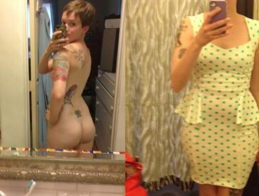 Short haired tattooed cutie, dressed undressed, before after