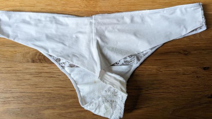 Slutwife worn, dirty, white strings, pussy juice, stains