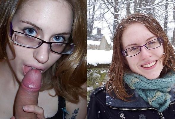 Before and after Slut with glasses