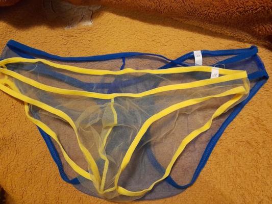 my new yellow and blue transparent thongs